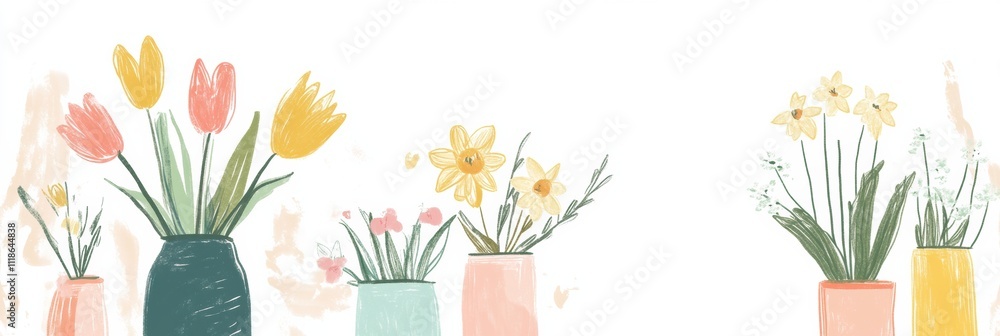 Poster vases in various colors showcase vibrant spring blooms, including tulips and daffodils, perfect for 