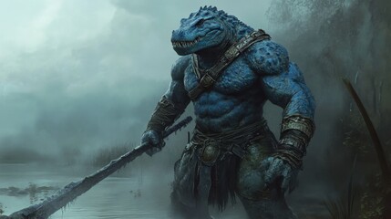 Fototapeta premium Crocodilian warrior emerges from swamp