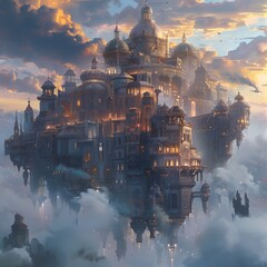A stunning floating city amidst the clouds, illuminated by a magical sunset glow.