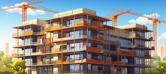 Urban under construction architecture featuring steel beams cranes built part of phased construction architecture drawn in isometric pixel art style