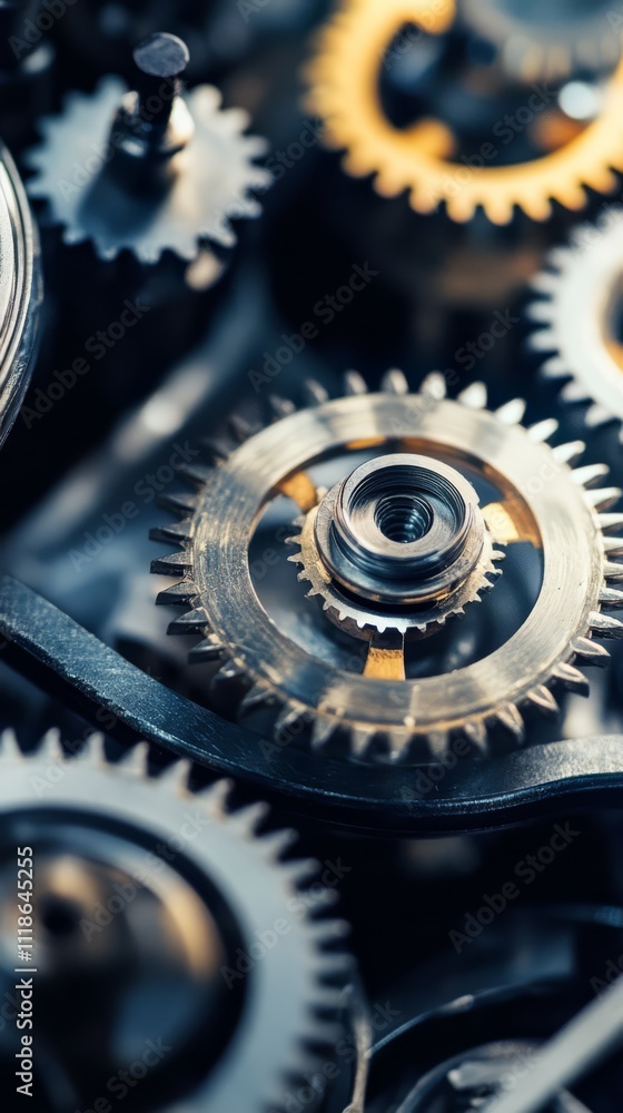 Poster precise interlocking gears: a detailed close-up shot of intricate metal gears, showcasing their prec