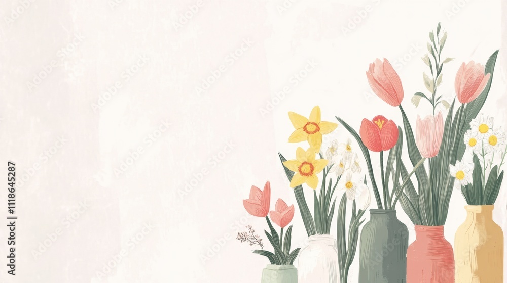 Poster vibrant doodle features various vases filled with tulips and daffodils, perfect for spring-themed de