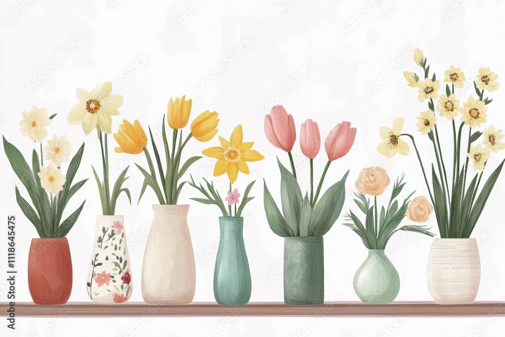 Aufkleber vases adorned with vibrant spring flowers like tulips and daffodils create a lively and inviting atm