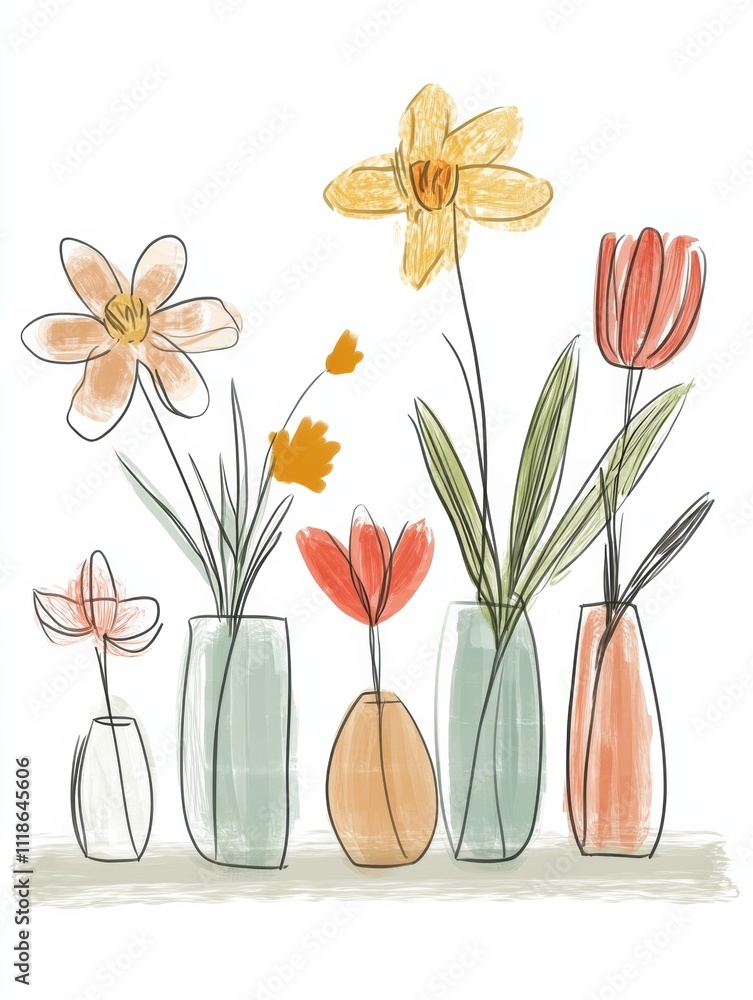 Aufkleber spring flowers including tulips and daffodils are artistically arranged in various vases, providing 