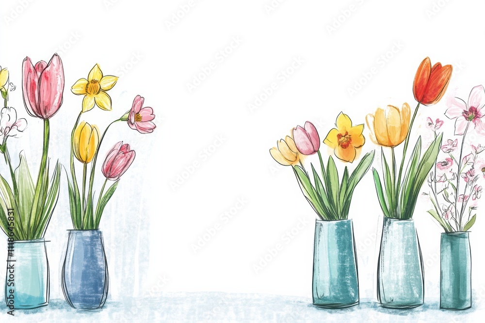 Aufkleber colorful vases filled with blooming tulips and daffodils create a lively spring atmosphere, perfect 