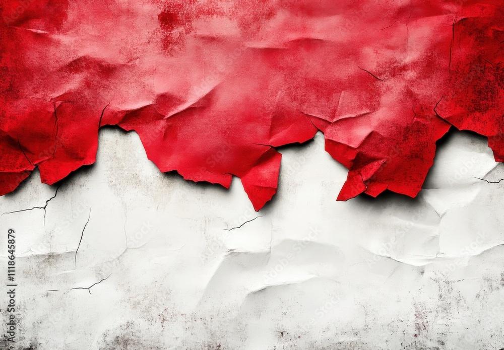 Poster textured background of torn red and white paper with crumpled surface creating a distressed look for