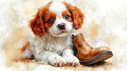 In a bright living room, a fluffy puppy energetically gnaws on a stiff shoe, showcasing its playful spirit and curiosity. Soft colors create a cozy atmosphere