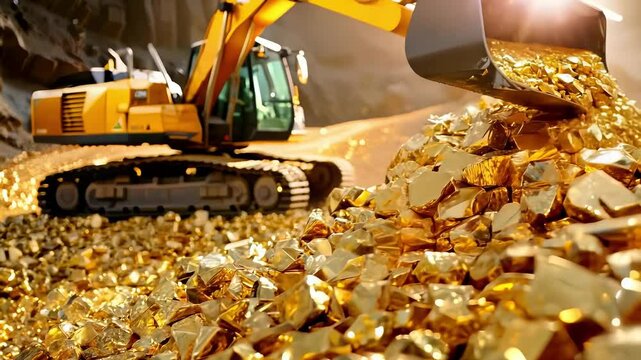 Excavator working in a gold mine, moving large piles of gold ingots during daylight hours in a rugged mining location