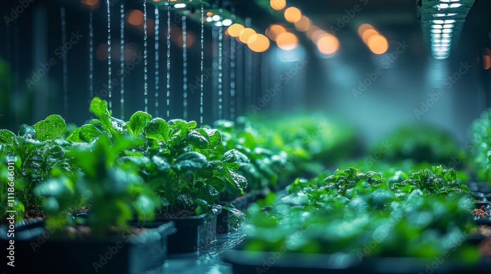 Poster rows of lush green plants thrive in pots, illuminated by warm lights in a hydroponic setup. water dr