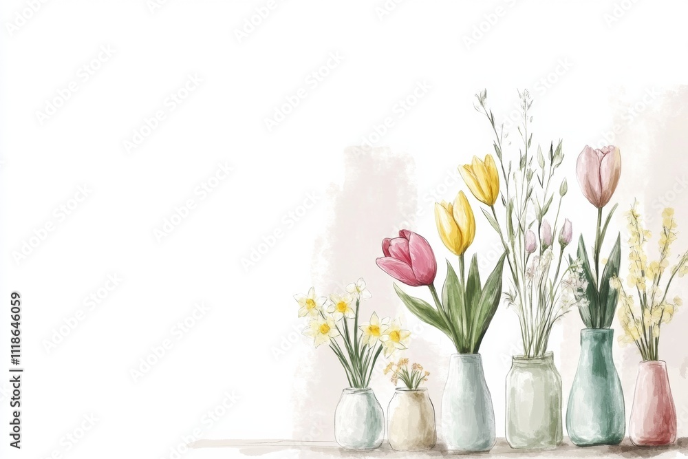Poster doodle features various vases filled with colorful spring flowers like tulips and daffodils, providi