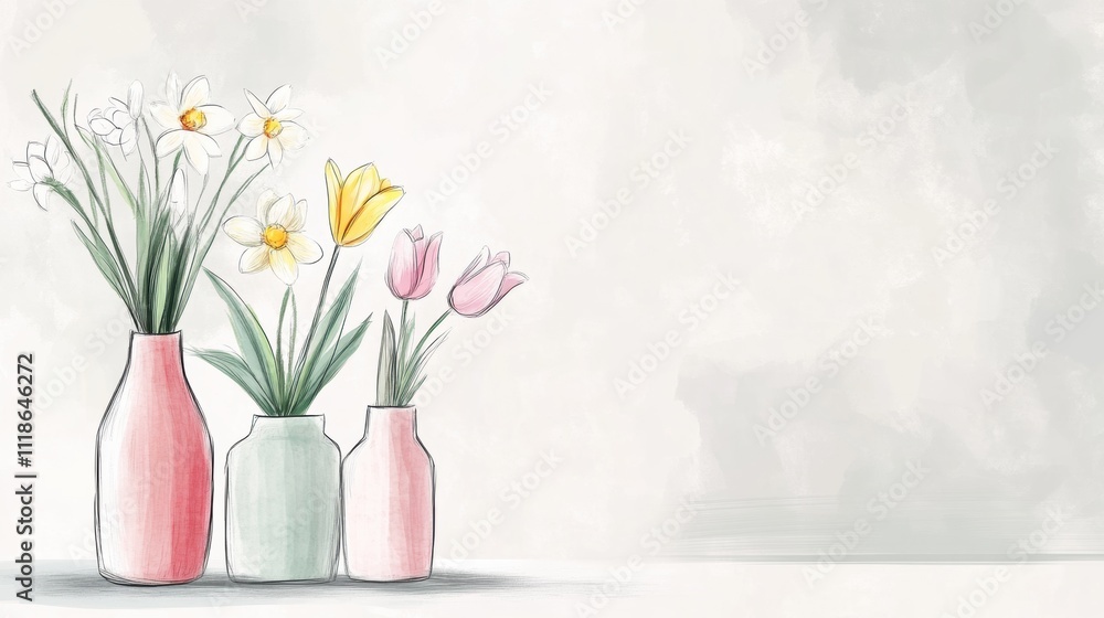 Poster brightly colored vases hold tulips and daffodils, creating a cheerful spring ambiance with ample spa