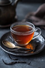 Elegant cup of tea on a dark plate