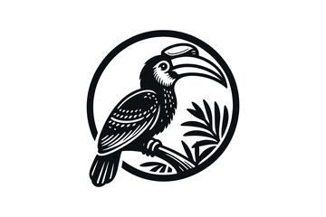 Vintage black-and-white hornbill bird engraving in bold line art style emblem. vector print, isolated, cut out © Victoria