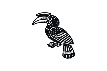 Vintage black-and-white hornbill bird engraving in bold line art style emblem. vector print, isolated, cut out © Victoria