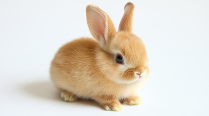 Fototapeta premium Adorable eight-week-old brown European rabbit sits on a white background, its gaze averted.