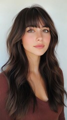 Naklejka premium Young woman with long hair and bangs poses against a light background