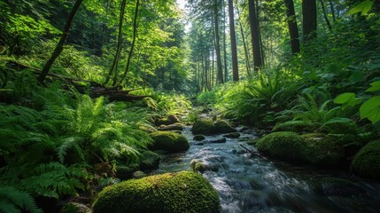 Obraz premium Enchanting forest stream with dappled sunlight