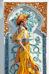 Obraz premium Woman in yellow dress, ornate tile background.