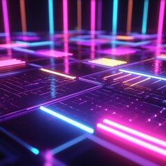 Neon lights illuminate a gridded, reflective surface.