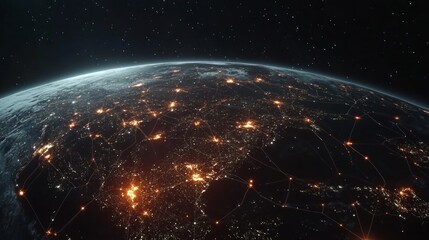 Obraz premium Night Earth, global network connections shown as glowing lines between city lights.