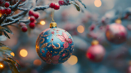 Obraz premium A close-up of Christmas ornaments hanging on a tree