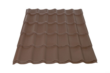 Brown Metal tile roof sheet isolated on white background. Material for roof.