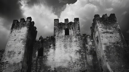 An ancient fortress stands tall, its weathered walls shrouded in mystery. Shadows dance within its hollow halls, echoing with the whispers of forgotten times.