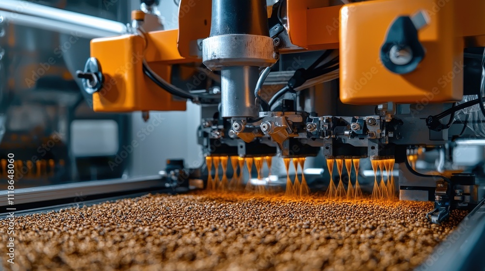 Poster Close-up of a precision planter sowing seeds in perfectly aligned rows