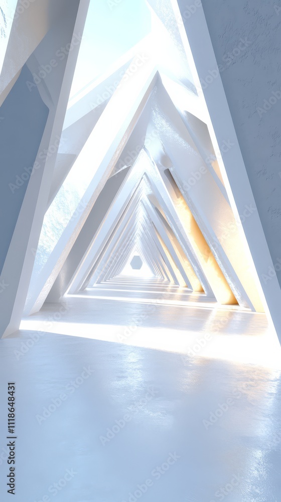 Poster Abstract Triangle Tunnel:  A mesmerizing journey into an ethereal, light-filled space.  Geometric forms and perspective create a sense of depth and wonder.  Perfect for futuristic, architectural.