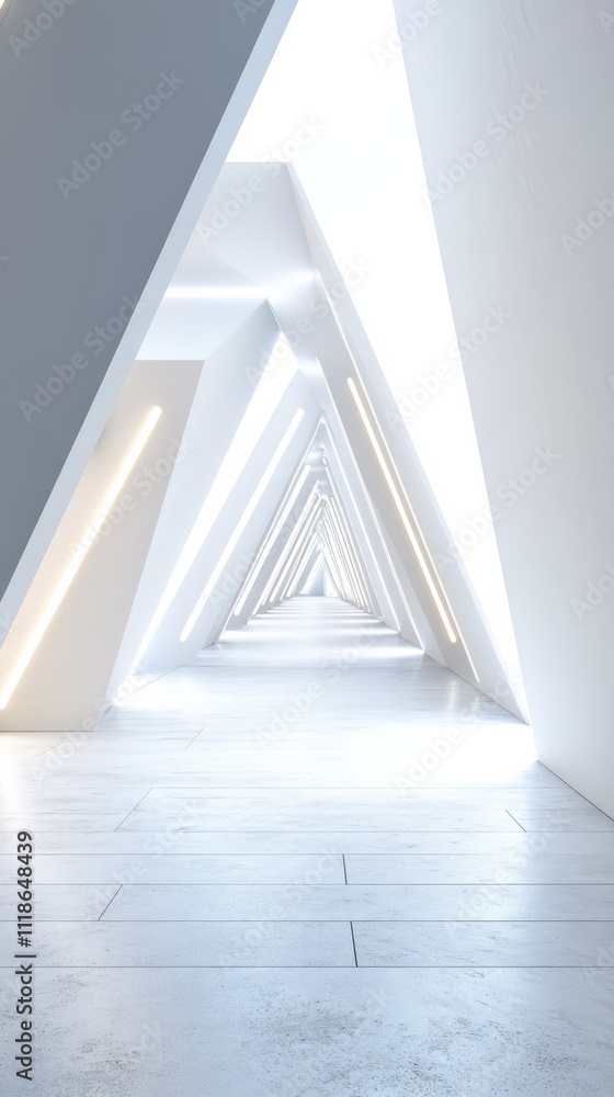 Poster Abstract Triangle Corridor:  A mesmerizing perspective down a futuristic hallway, characterized by a series of repeating triangular forms and soft, ambient lighting.