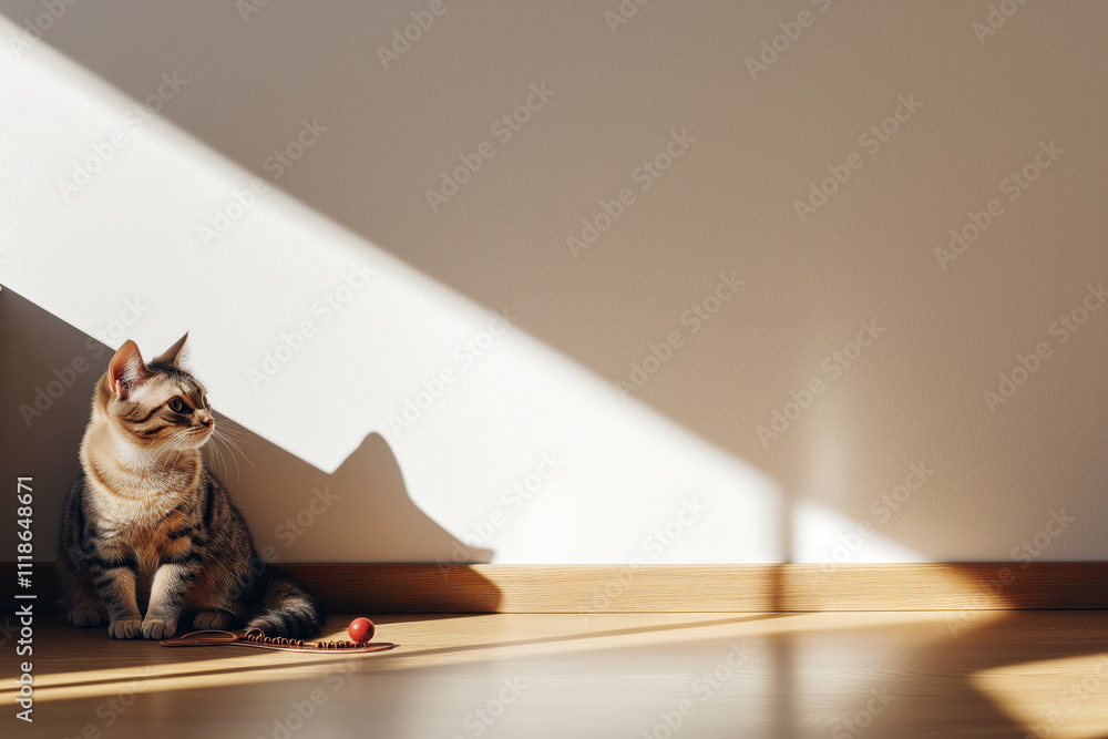 Poster a tabby cat playing with a ball-and-track toy on a wooden floor in a minimalistic room.