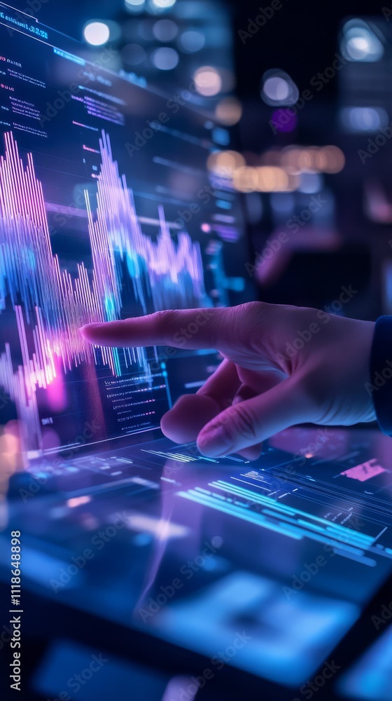 Poster navigating the digital landscape: a hand interacts with a holographic display showcasing dynamic fin