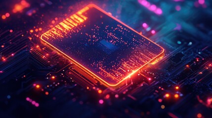 Close-up of a glowing microprocessor on a circuit board, showcasing intricate technological details.