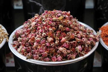 A pile of dried red rose in bowl at bazaar in Deira, Dubai, UEA