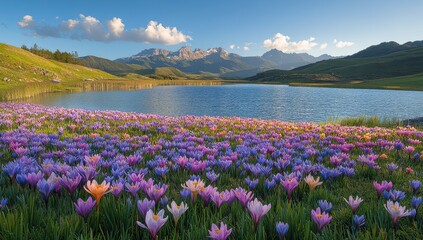 Vibrant Field of Crocuses in Bloom by a Serene Lake Surrounded by Majestic Mountains under a Clear Sky at Sunset in a Picturesque Landscape