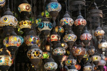 Colorful Arabic lamps at bazaar in Deira, Dubai, UEA