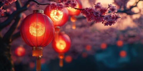 Cherry Blossom Illuminated with Glowing Red Lanterns