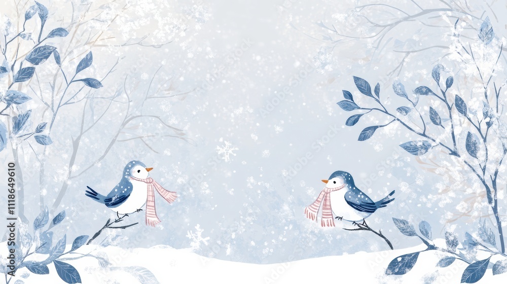 Poster snow-covered trees create a whimsical backdrop where playful birds in scarves enjoy the winter lands