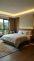 Obraz premium Luxurious Hotel Suite: Experience the epitome of comfort and elegance in this inviting hotel suite. Featuring a king-size bed, plush bedding, and a modern design.