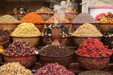  A lot of dry colorful cooking ingredients in bazaar in Deira, Dubai, UEA