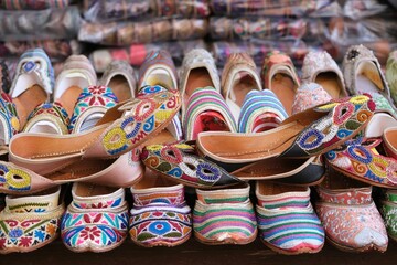 Close up of traditional arabic shoes in baazar in Deira, Dubai, UEA