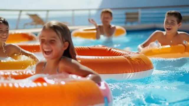 Happy children having fun with inflatable rings in swimming pool on cruise ship