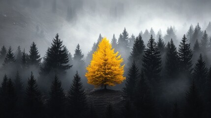 Golden tree among dark green pines and misty hills