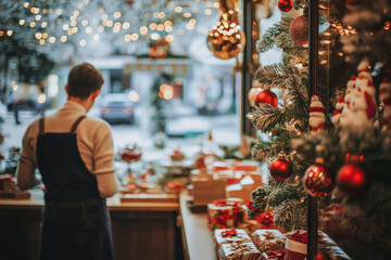 A cozy stall with Christmas decorations and souvenirs, decorated with Christmas lights and garlands, perfect for holiday markets and events. Cozy Christmas market