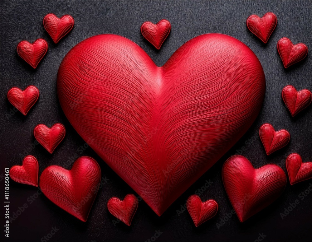 Poster red heart shapes are embossed on a textured black surface creating an engaging visual display the de