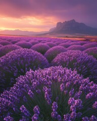 Fototapeta premium Vibrant Purple Lavender Fields Under Dramatic Sunset Sky with Majestic Mountains in the Background, Offering a Serene and Tranquil Natural Landscape