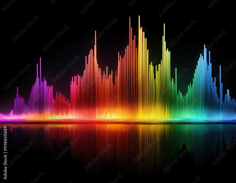 Poster bright multicolored sound bars sync perfectly to an invisible rhythm isolated on a black background 