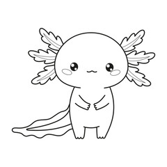 Outline cartoon Axolotl character. Line drawing, coloring book. Vector illustration. Kids collection.