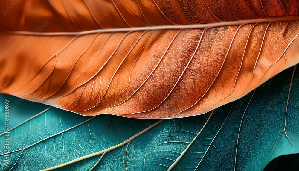 Aufkleber macro photo of overlapping orange and teal leaves creating a flowing and colorful abstract pattern w