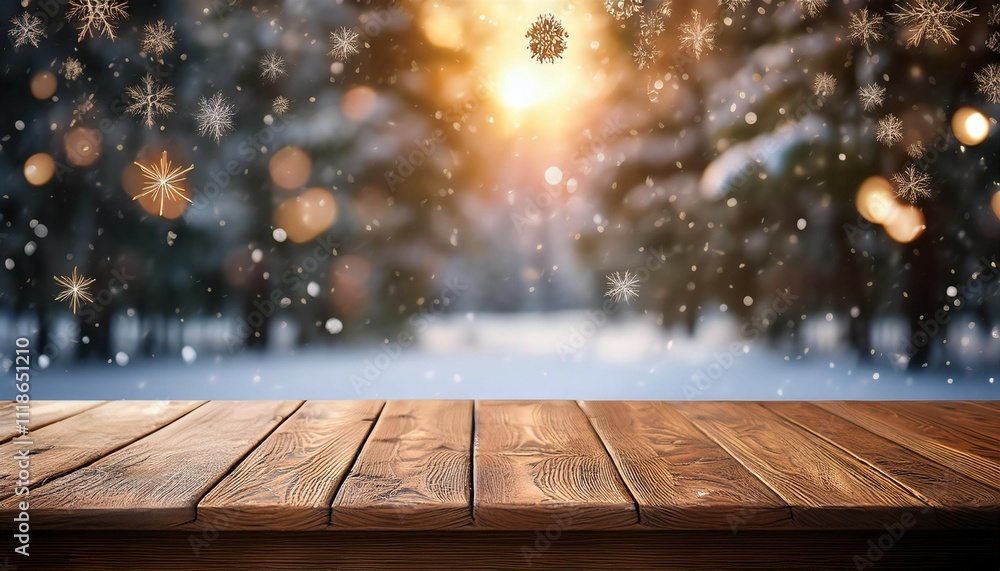 Poster the wooden table stands empty as snowflakes fall quietly while faint glimmers of warm light twinkle 